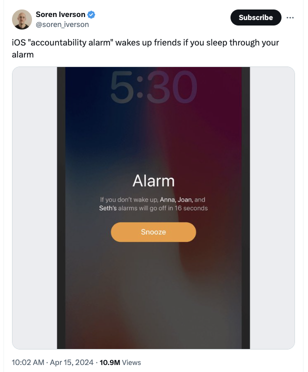 screenshot - Soren Iverson iverson Subscribe iOS "accountability alarm" wakes up friends if you sleep through your alarm Alarm If you don't wake up, Anna, Joan, and Seth's alarms will go off in 16 seconds 10.9M Views Snooze